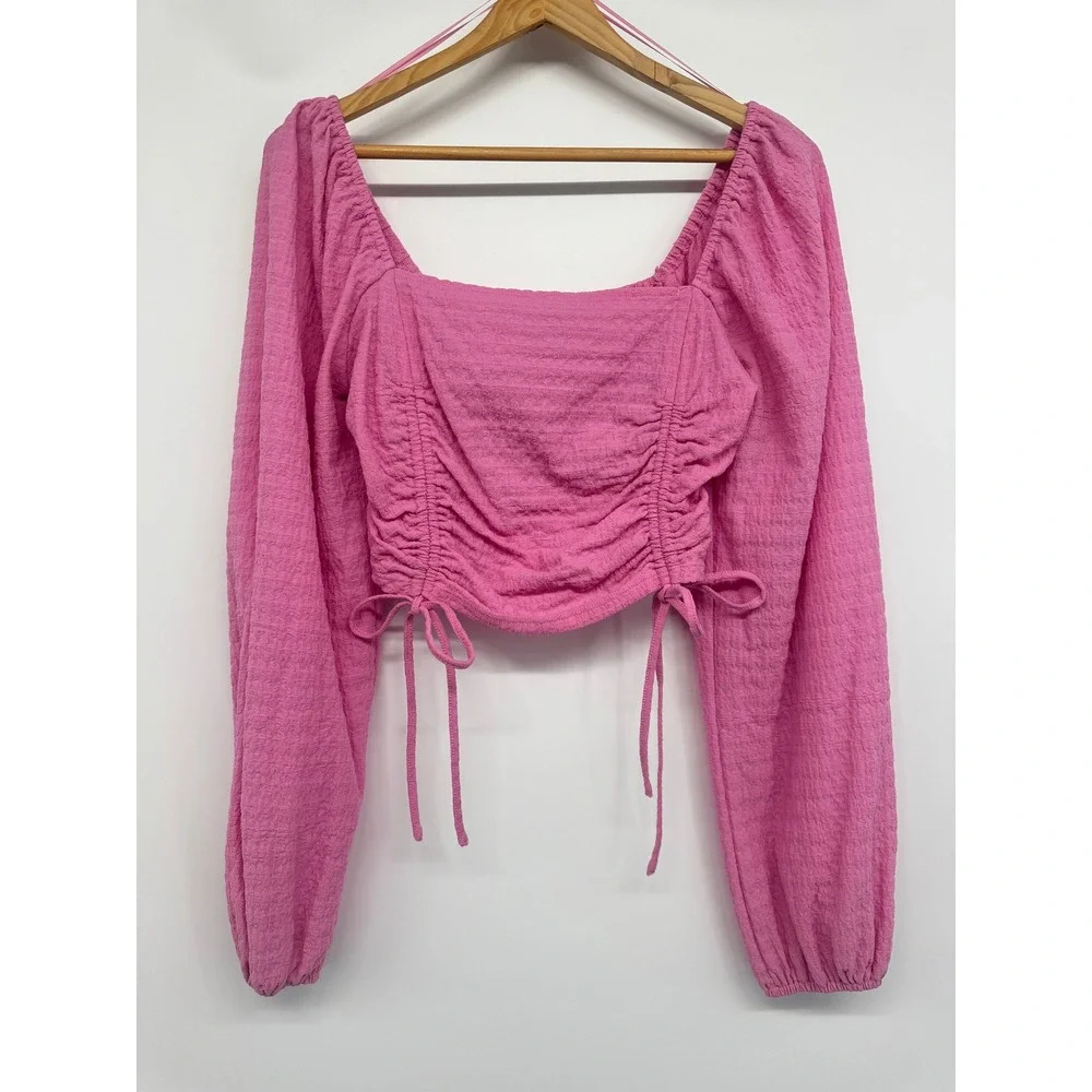 Sophie Rue‎ Shirt Women M Pink Ruched Crop Top Textured Milkmaid Coquette Girly